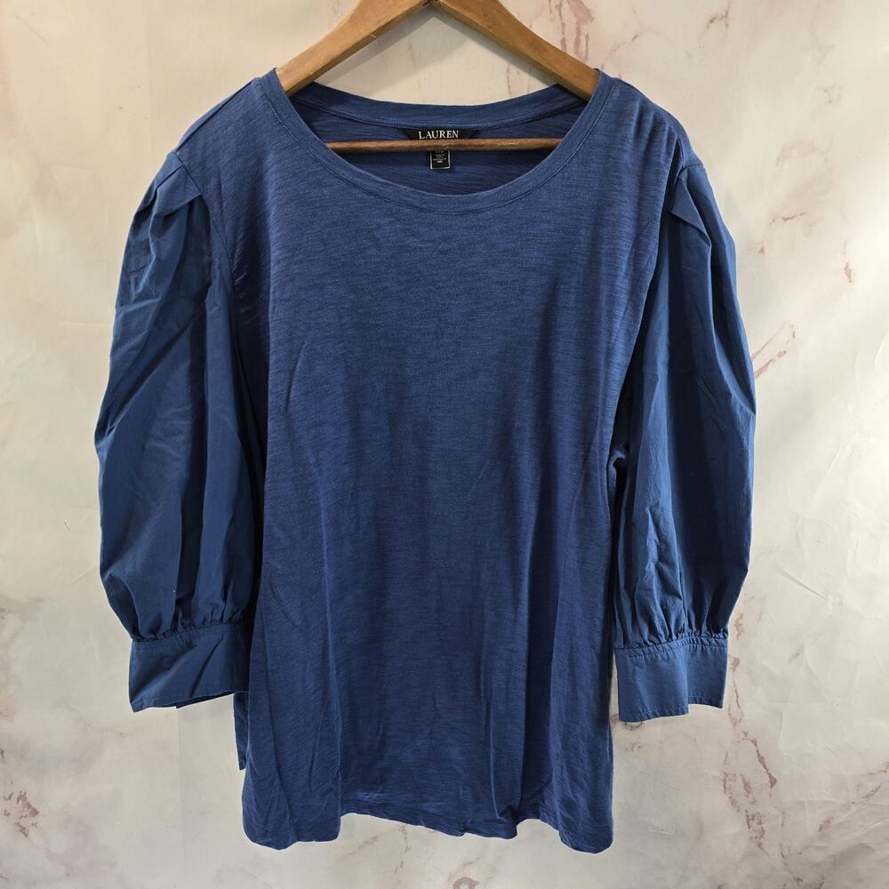 Lauren Ralph Lauren Shirt Womens 2X Blue Poplin Puff Sleeve Tee Lightweight